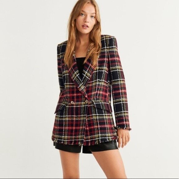 💕MANGO💕 Buttons Tweed Blazer ~ Multi-Color Plaid Print US Medium - Picture 4 of 15